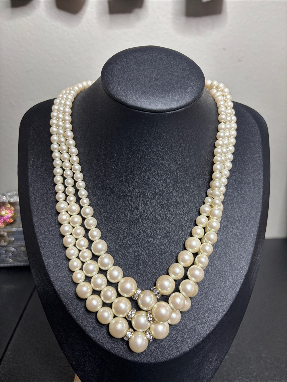 Elegant Triple-Strand Faux Pearl Statement Necklace - Cream Pearls Jewelry